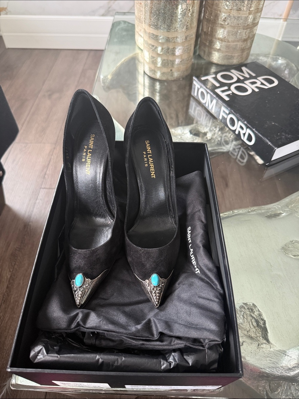 Saint Laurent Black Cashmere Pointed Toe Pump with Turquoise Accent Stone - Picture 3 of 12